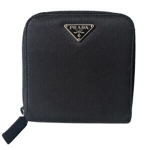 Prada Unisex Tessuto Nylon Zip Wallet Black Triangle Logo Compact Card Holder